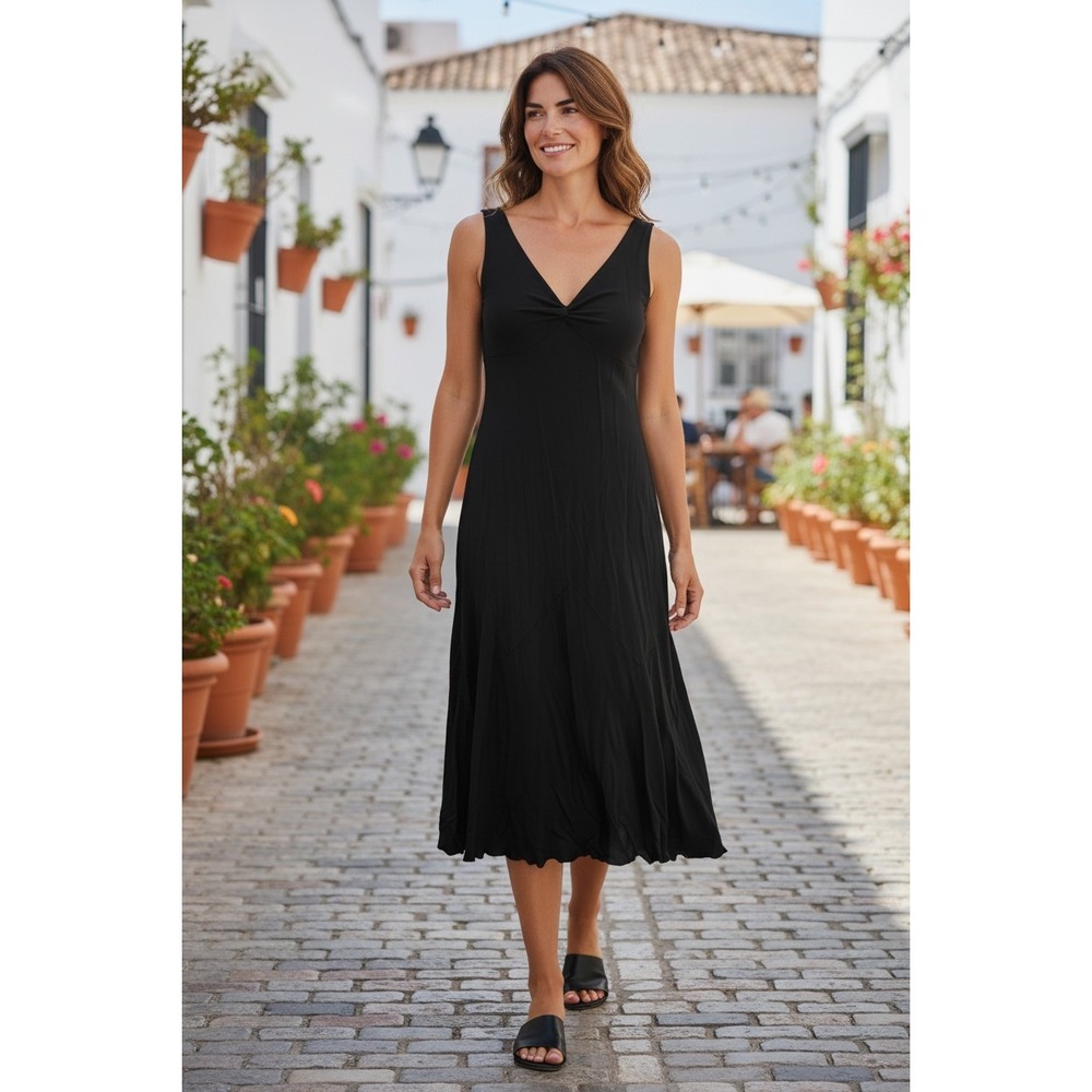 Lauren Ralph Lauren Black Rayon Knit V-Neck Twist Front Midi Dress Large